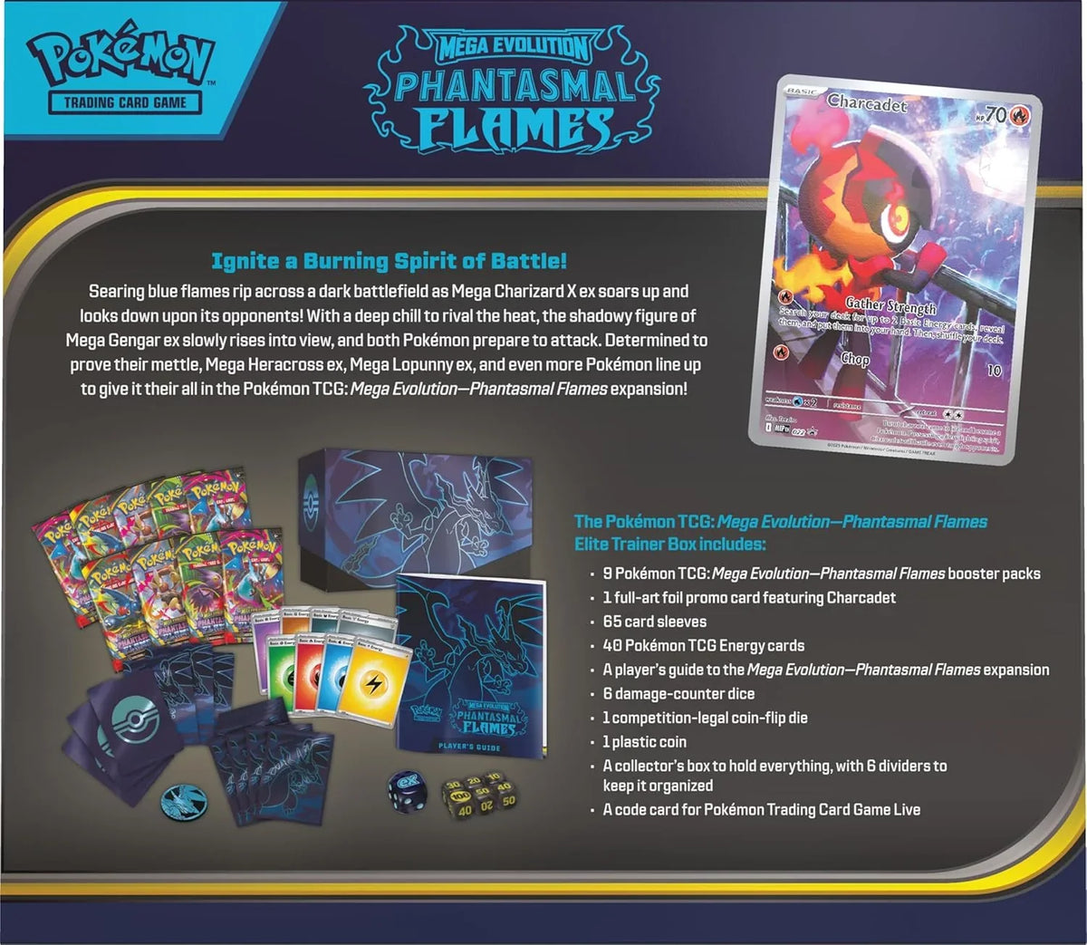 Pokémon TCG: Mega Evolution—Phantasmal Flames Elite Trainer Box (ME02) – Charcadet Promo & 9 Booster Packs
